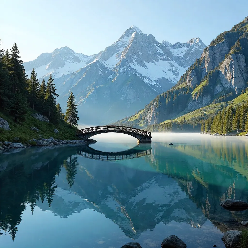Alpine Lake Bridge at Golden Hour