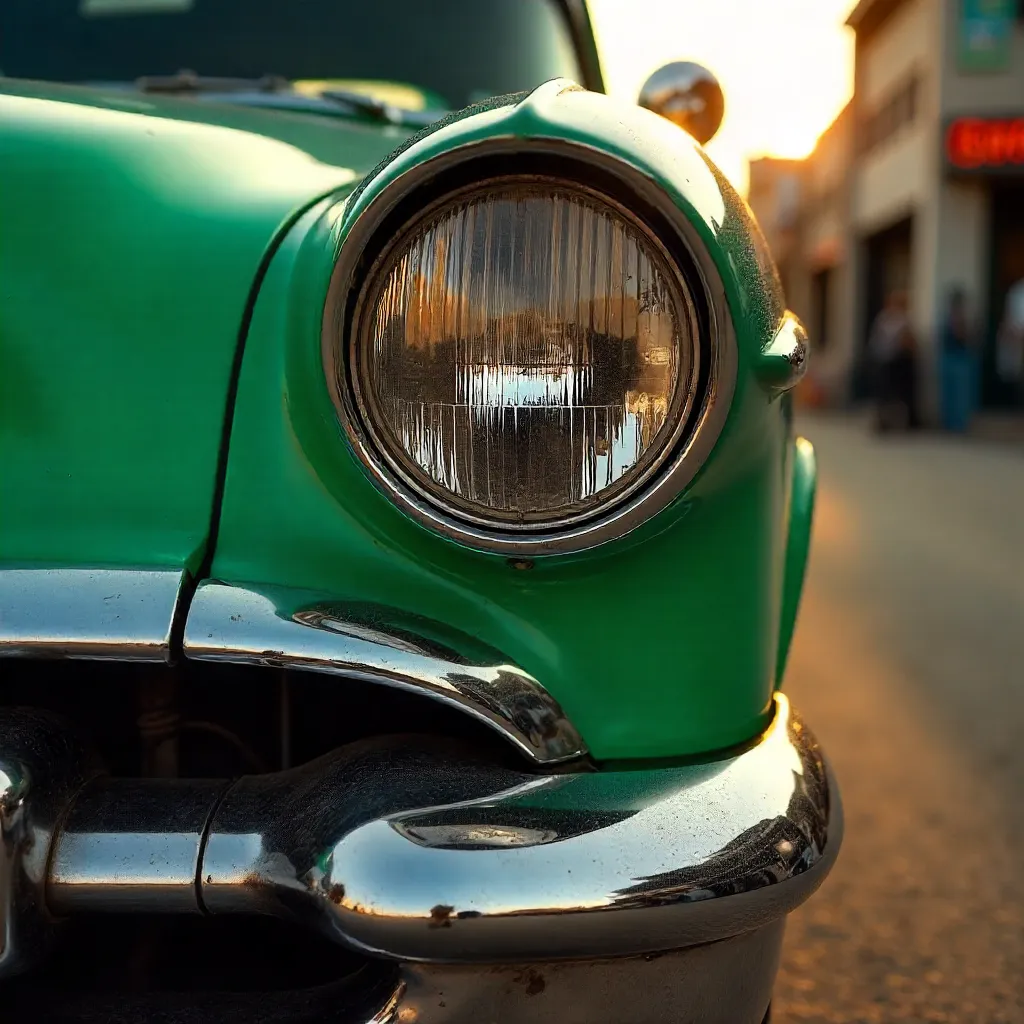Green Vintage Car Headlight and Chrome Bumper Close-Up