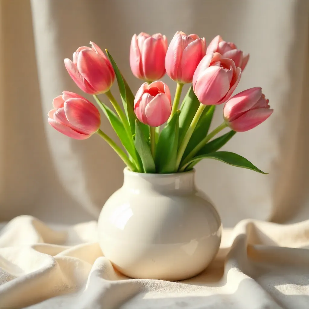 Charming Pink Tulips in a White Ceramic Vase