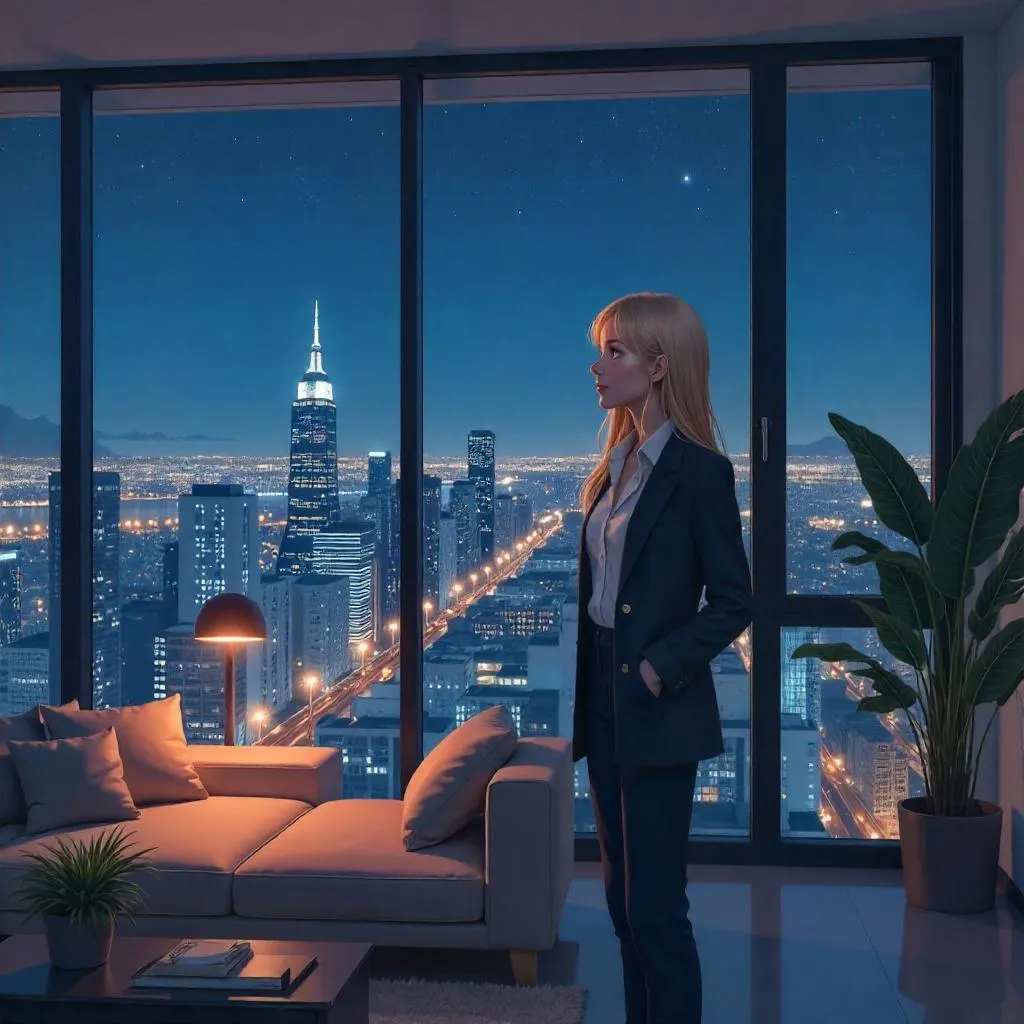 Anime-Style Young Adult Woman in a Penthouse