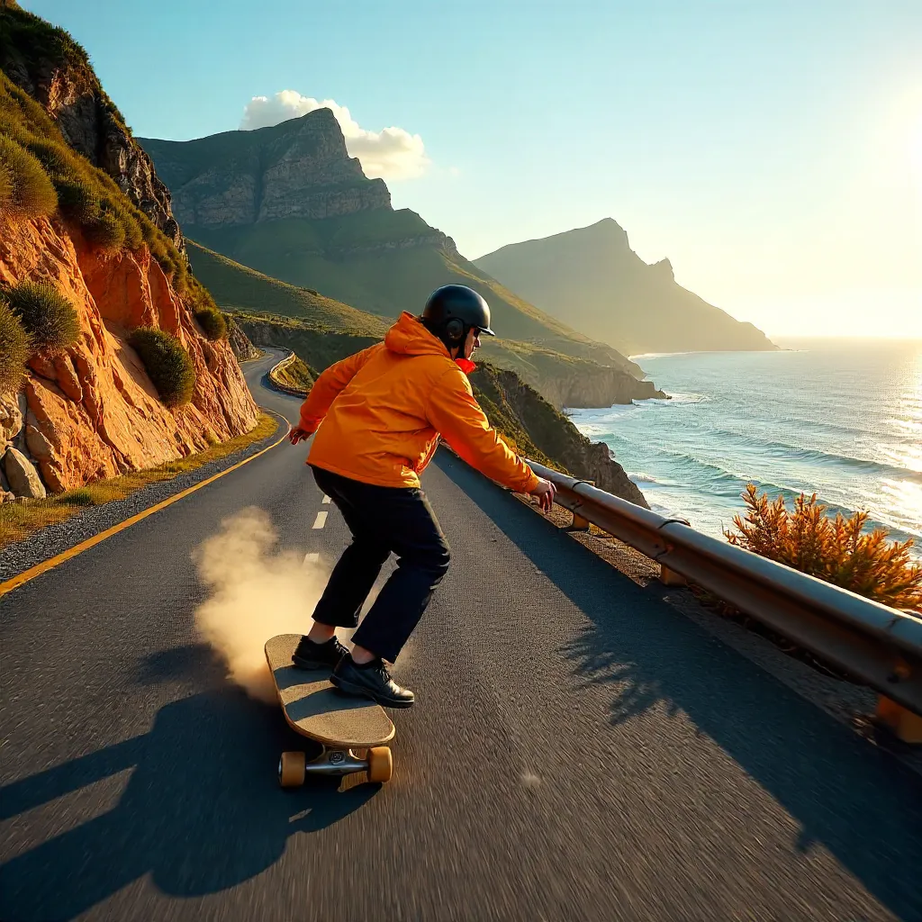 Skateboarder on Chapman's Peak Drive, Cape Town