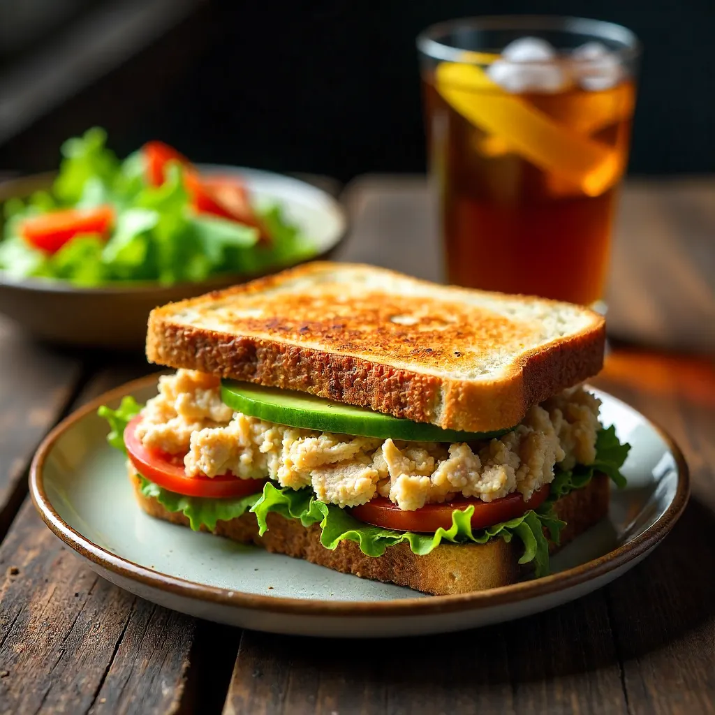 Healthy Tuna Sandwich Lunch on Rustic Wood Table