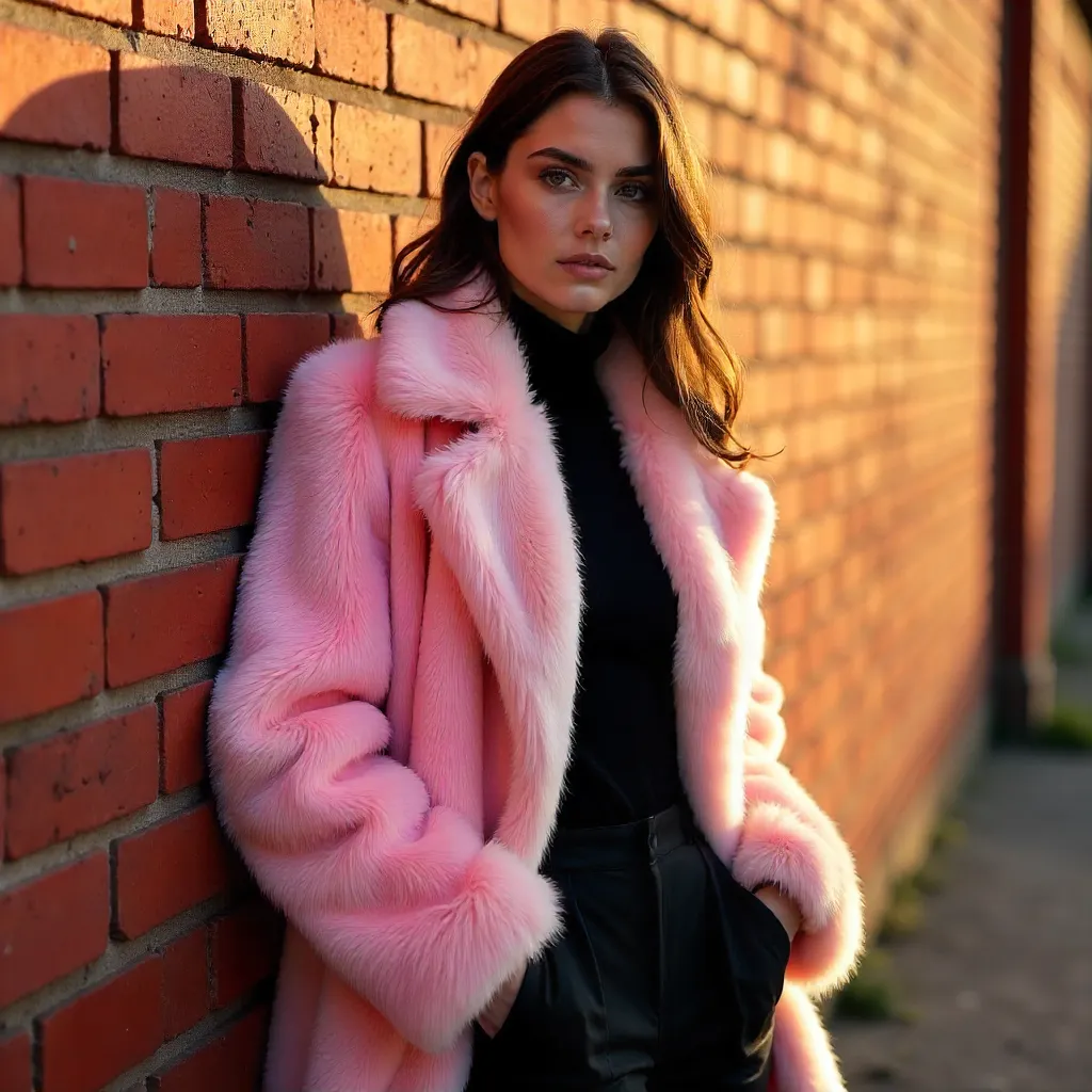 Glam Pink Faux Fur Coat Against an Urban Brick Wall