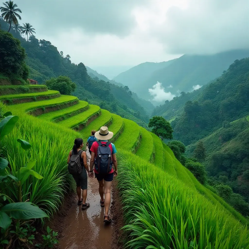 Three Walkers in Lush Rice Terraces under a Cloudy Sky