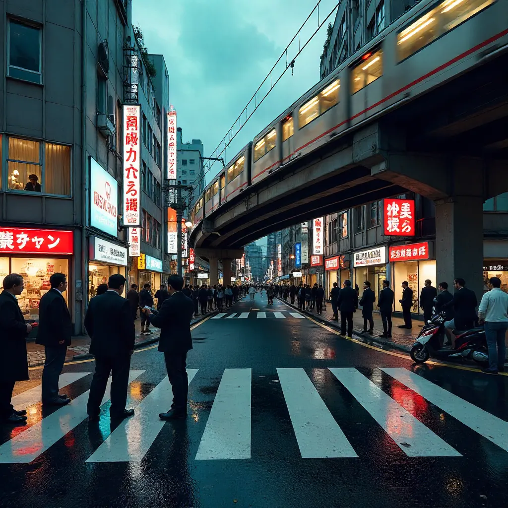 Tokyo Street Crossing: Pedestrians and Cyclists Waiting for a Train