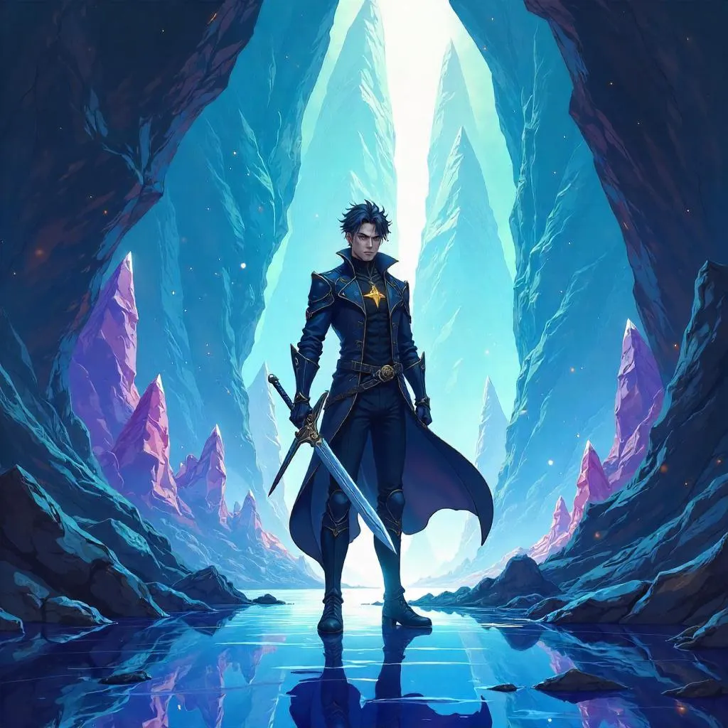 Handsome Anime Hero in a Crystal Cave