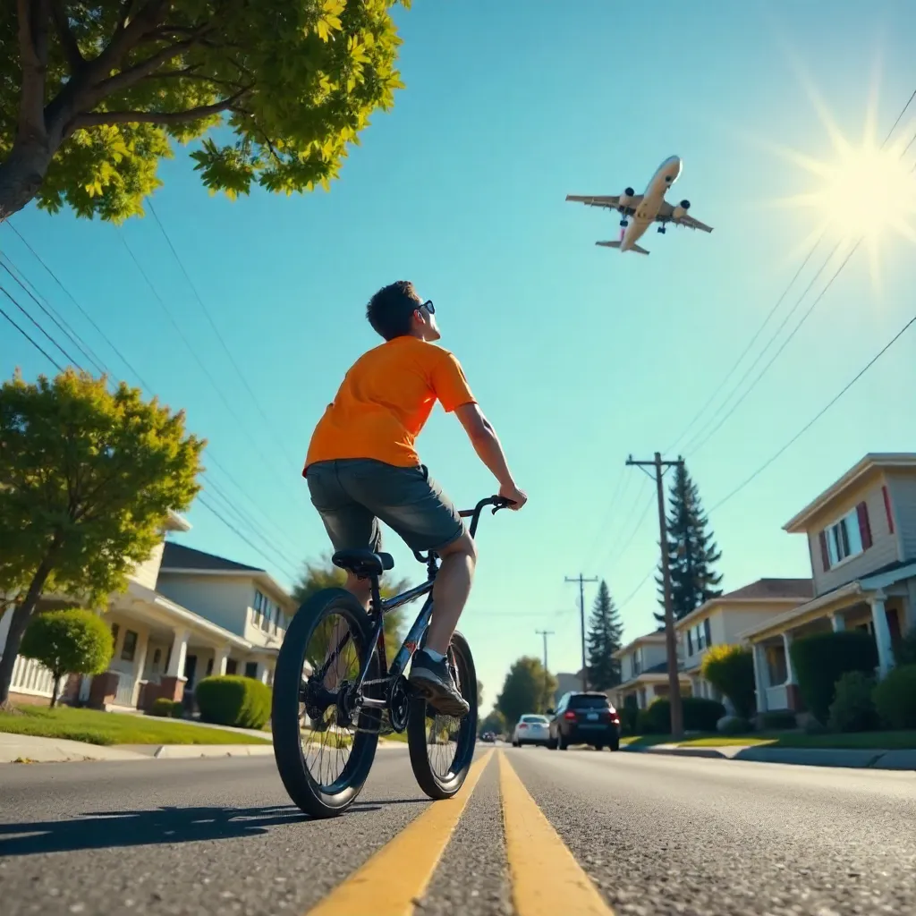 BMX Rider Gazes Up at Plane in Clear Sky