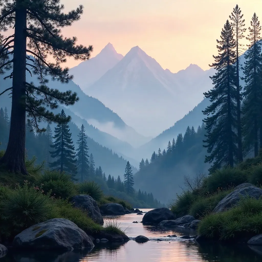 Mist-Kissed Mountain Dawn Framed by Pines