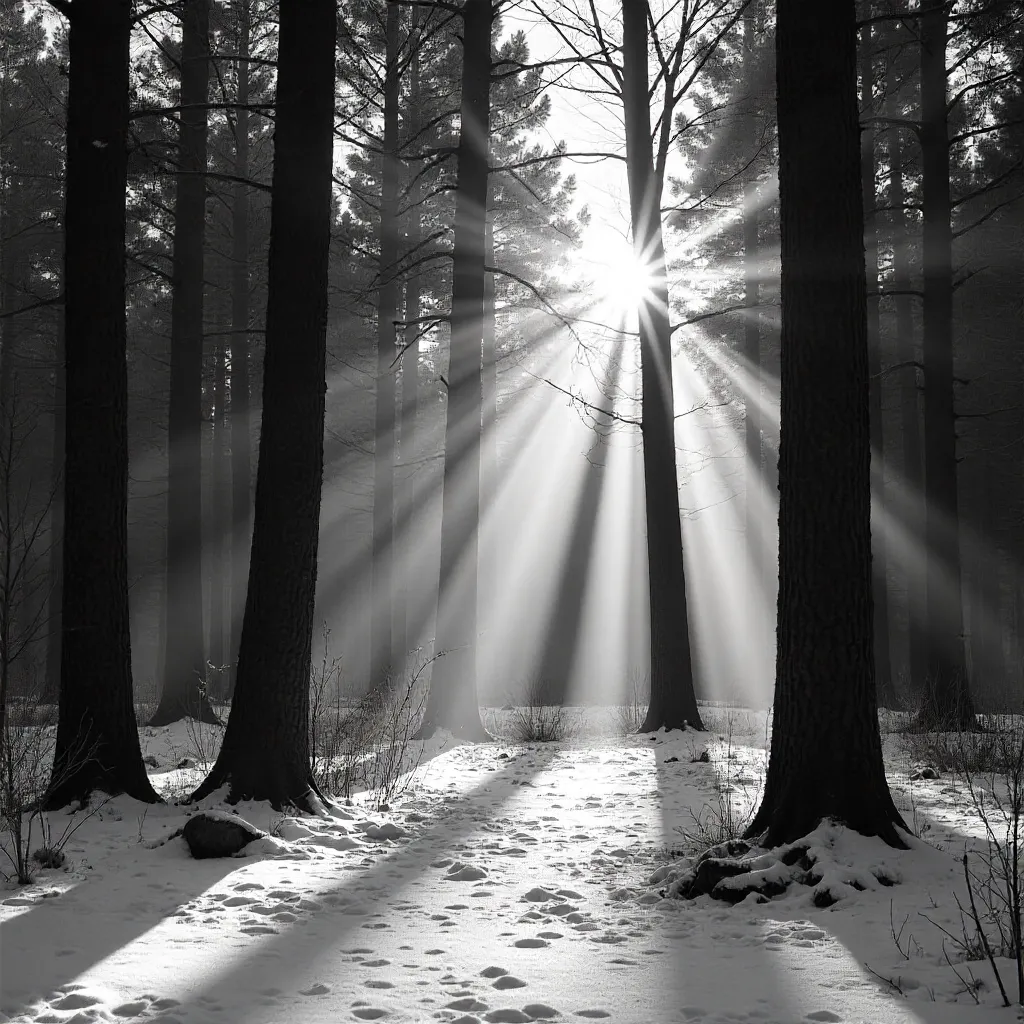 Sunlight and Shadow Through Tall Winter Trees (Monochrome)