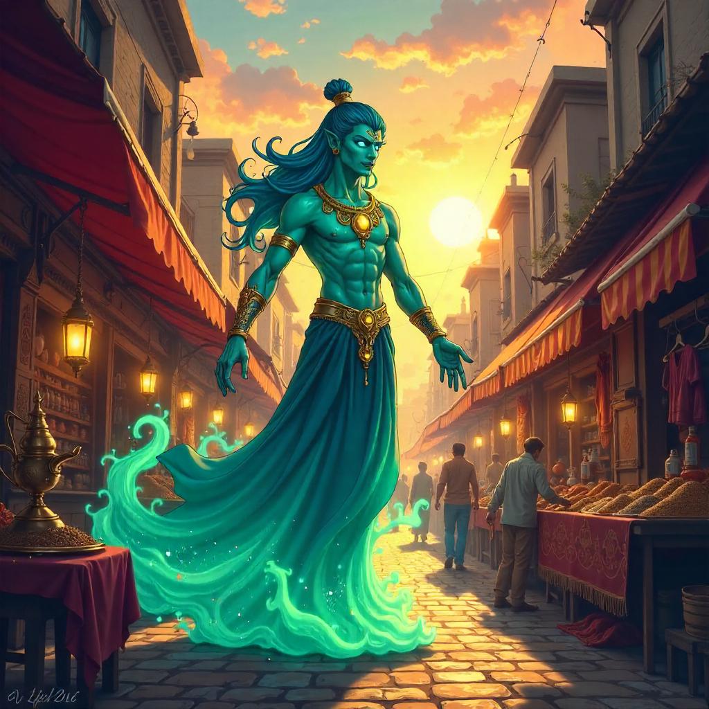 Anime Djinn in a Bustling Market Bazaar