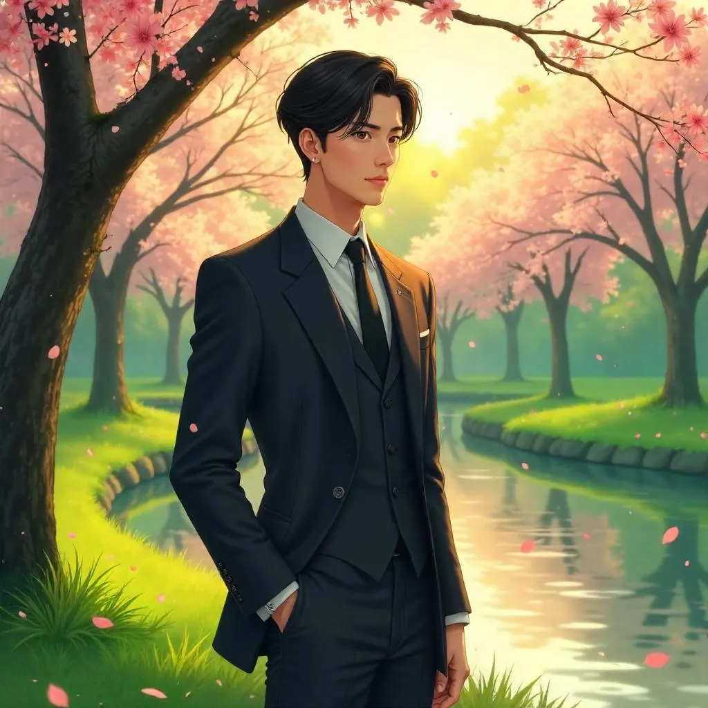 Elegant Asian Man in a Park - Anime Style