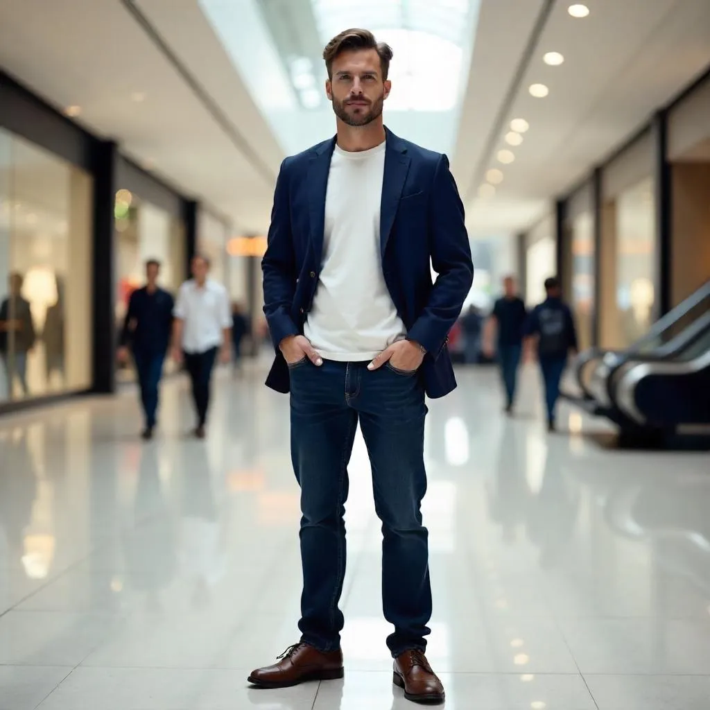 Confident White Man in a Photorealistic Shopping Mall
