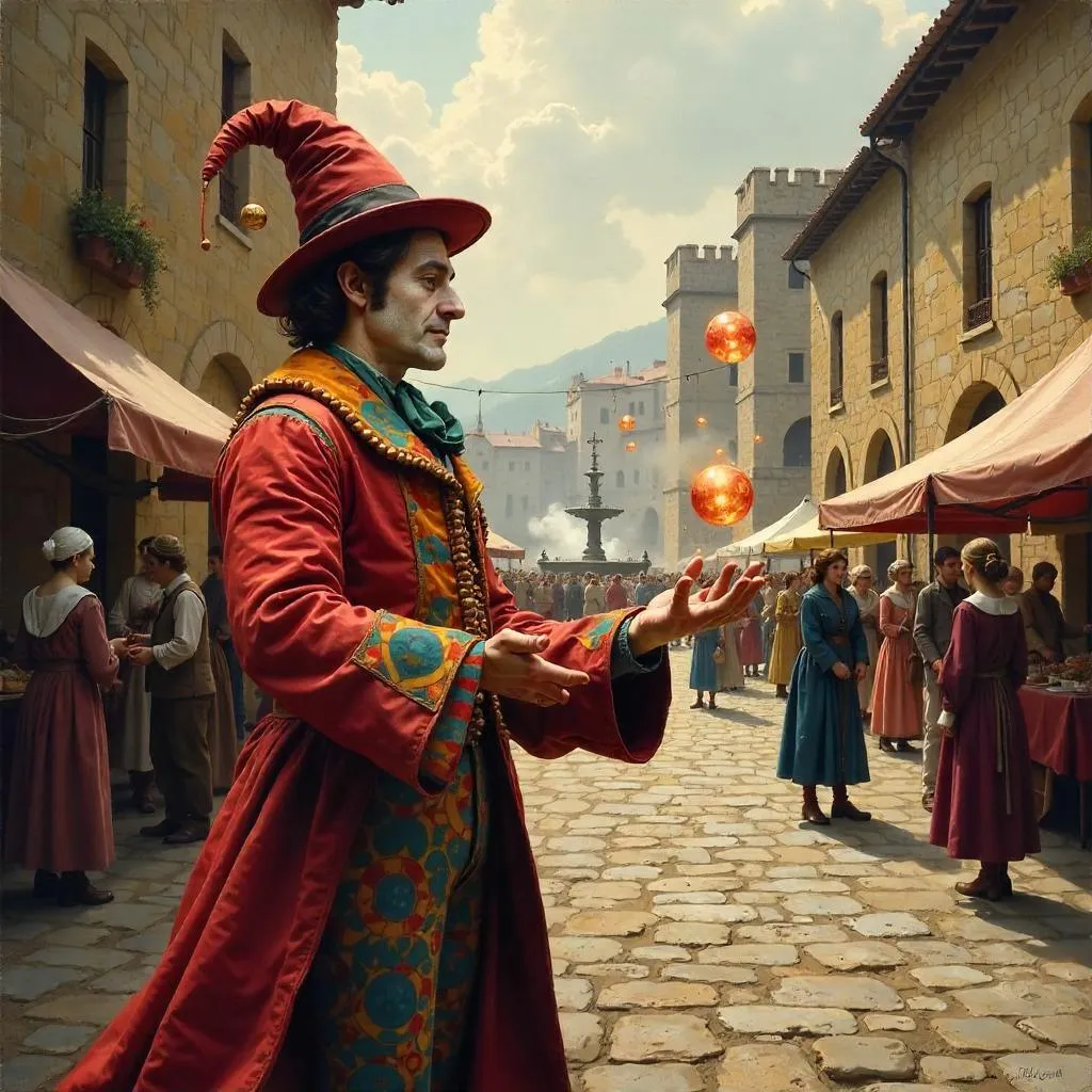 Jester in a Sunlit Town Square — Oil Painting