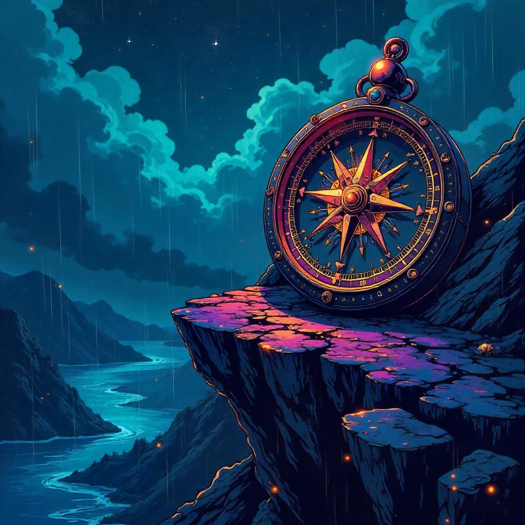 Celestial Compass in a Heavy Rain Cartoon Scene