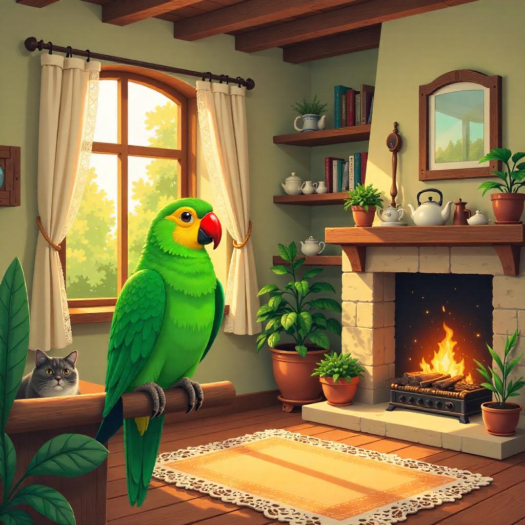 Cartoon Parrot in a Cozy Cottage Interior