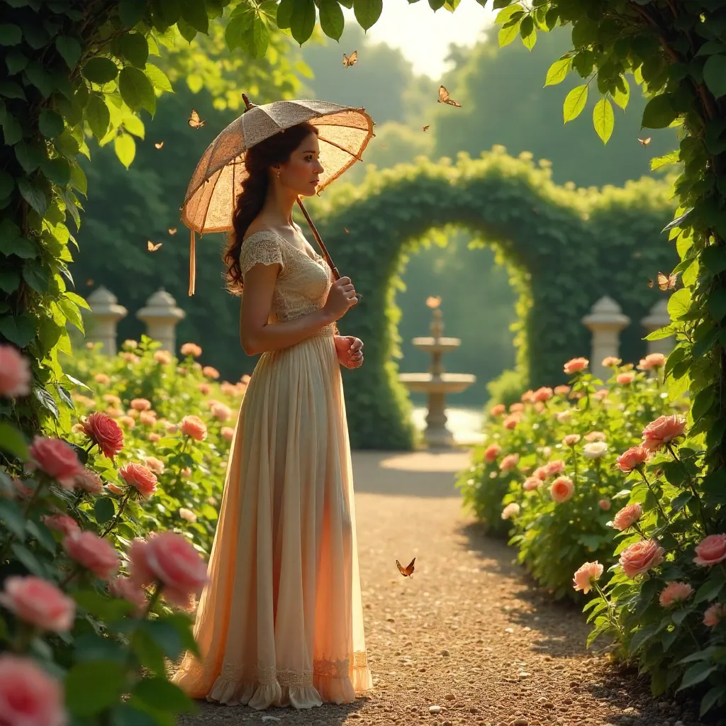 Romantic Garden: Woman with Parasol in Vintage Dress
