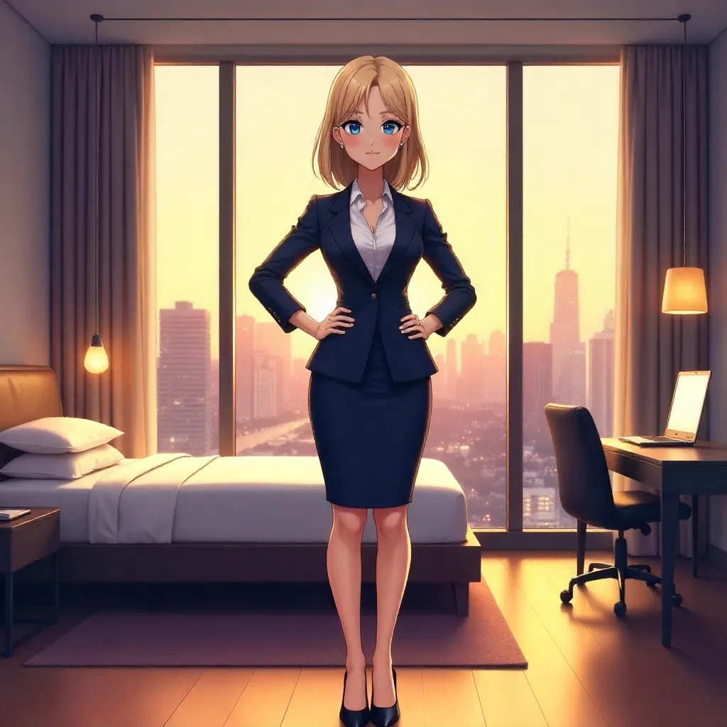 Confident Anime Woman in a Hotel Room