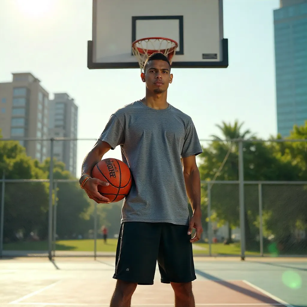 Teen Basketball Player Under Outdoor Hoop in Daylight