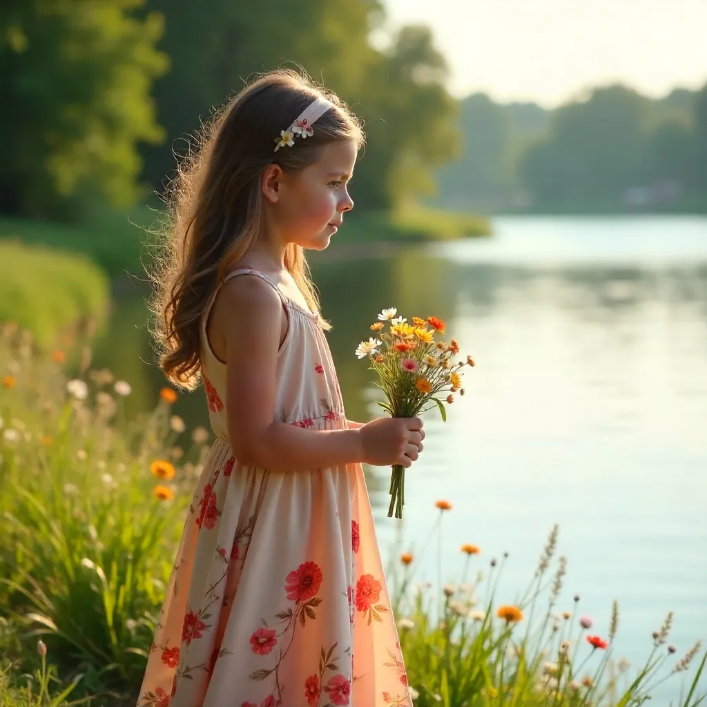 Golden Hour Riverside Portrait: Girl in Floral Dress