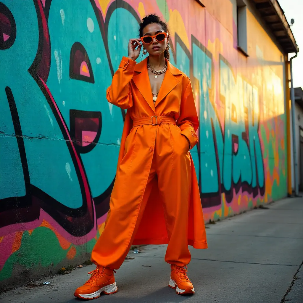 Orange Street Style by Colorful Graffiti Wall