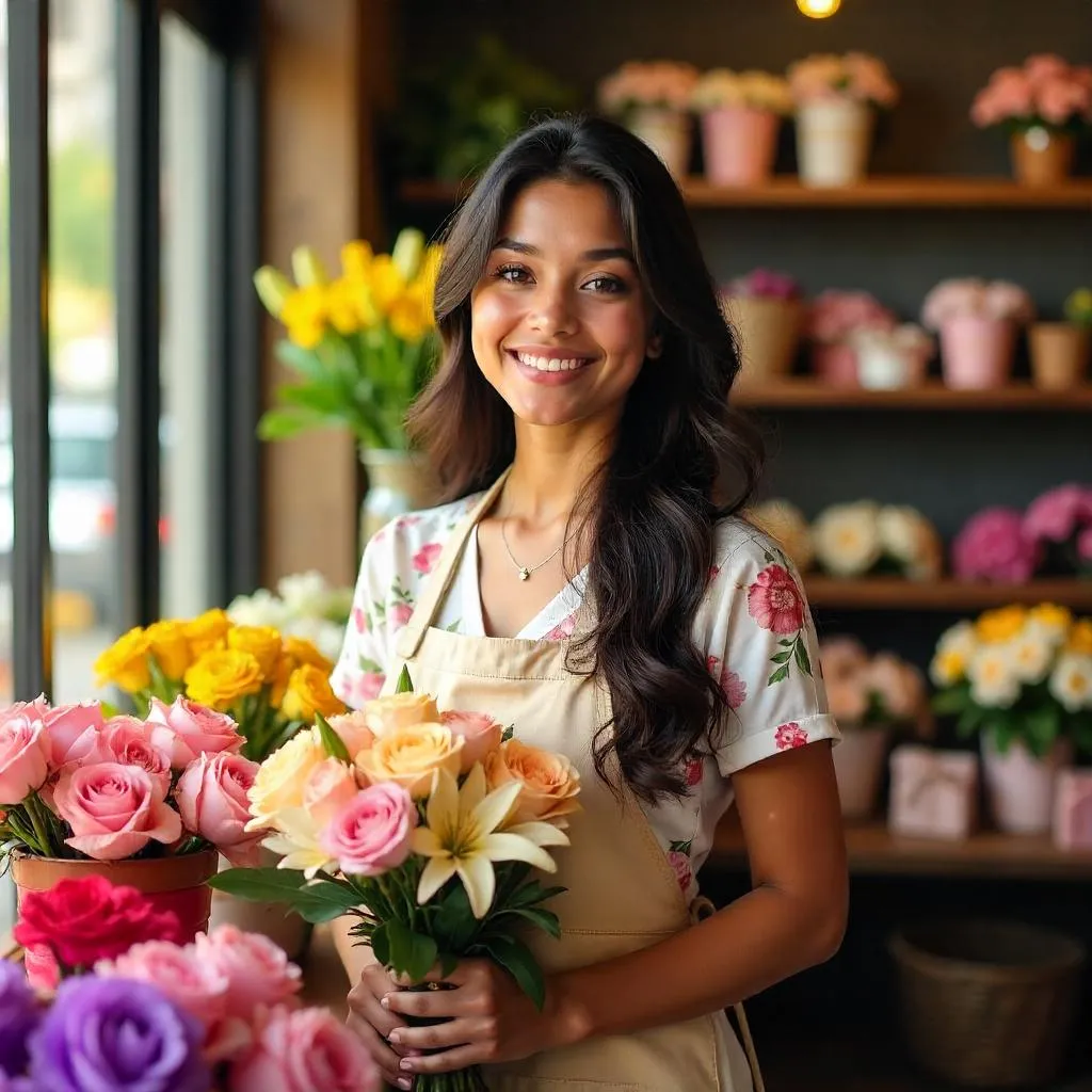 Cheerful Latina in a Sunlit Flower Shop