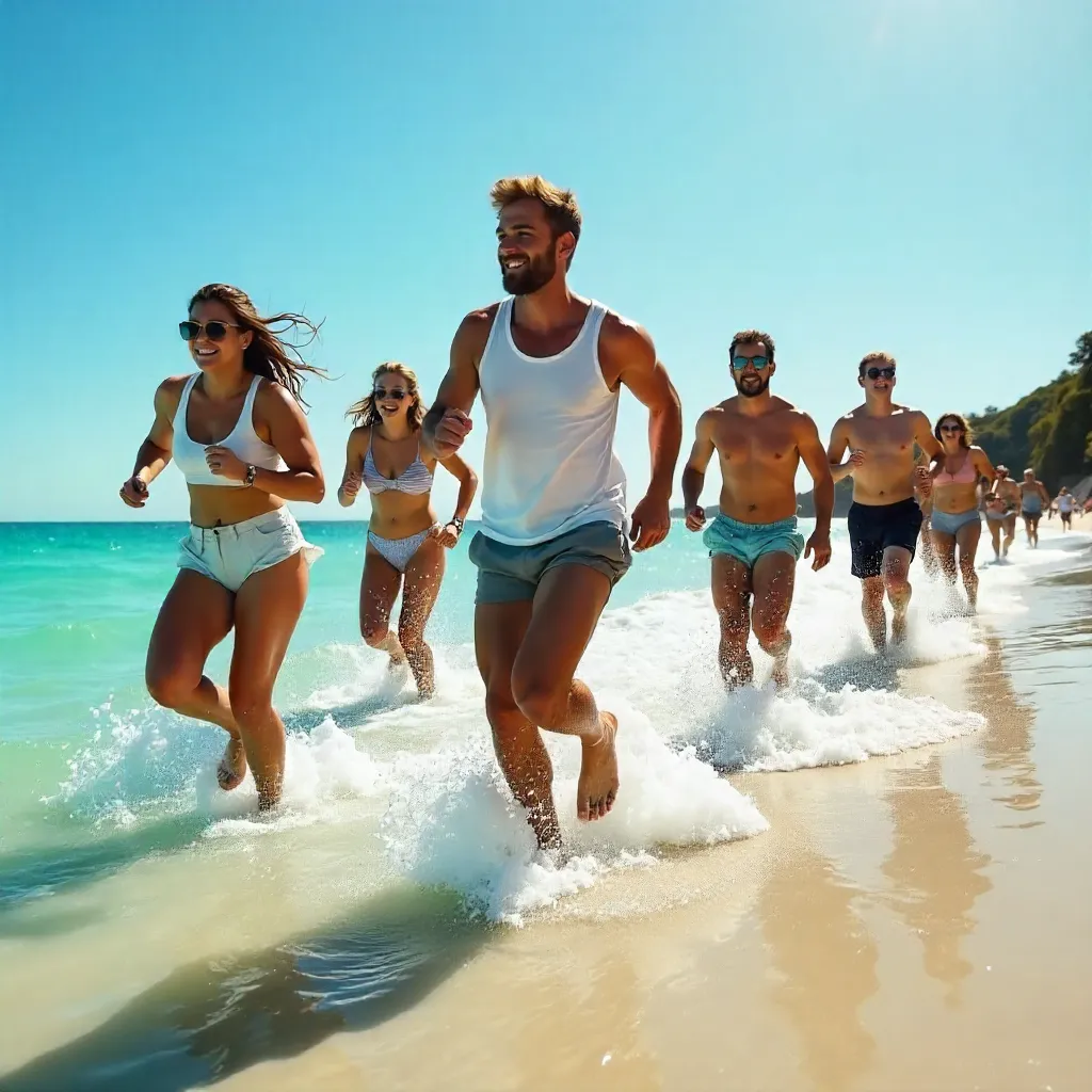 Energetic Group Run in Shallow Ocean Under Clear Sky