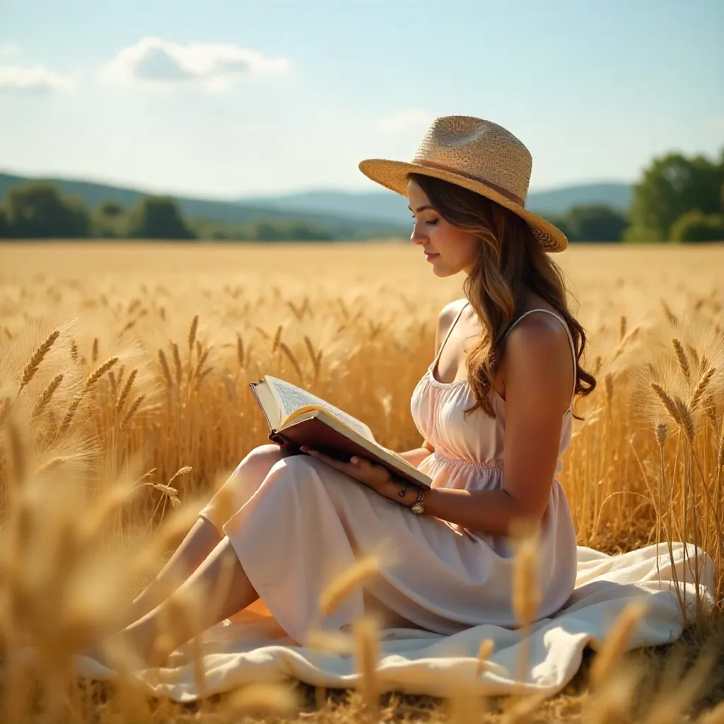 Serene Moment: Woman Reading in a Wheat Field