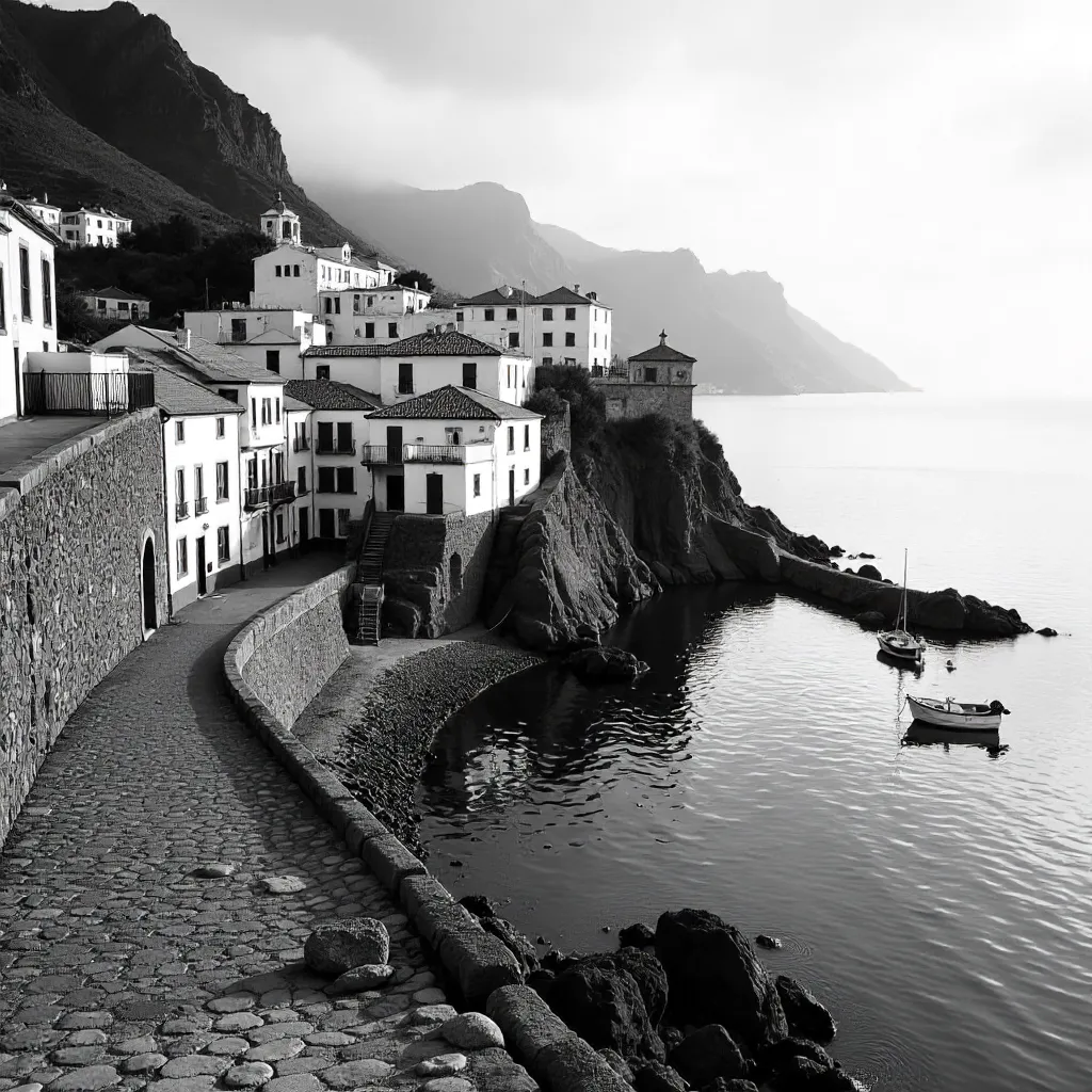 Monochrome Madeira Coastal Village with Boats