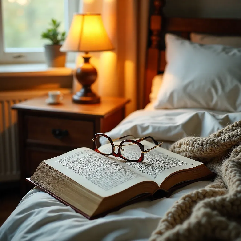 Cozy Bedroom with Open Book and Warm Lamp