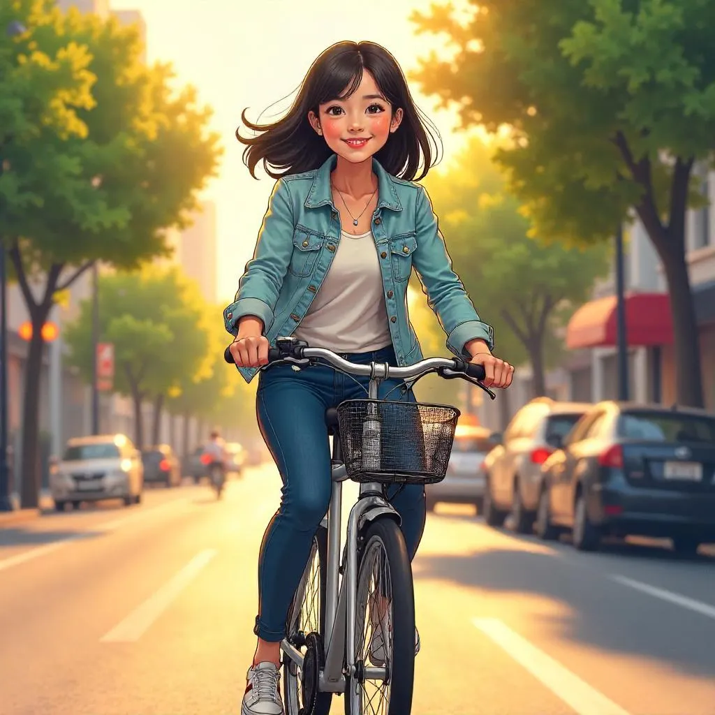Anime-Style Young Asian Woman Riding a Bicycle