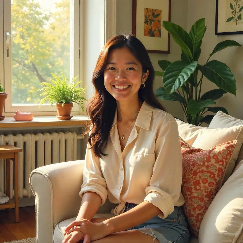 Cheerful Asian Woman in Oil Painting Living Room