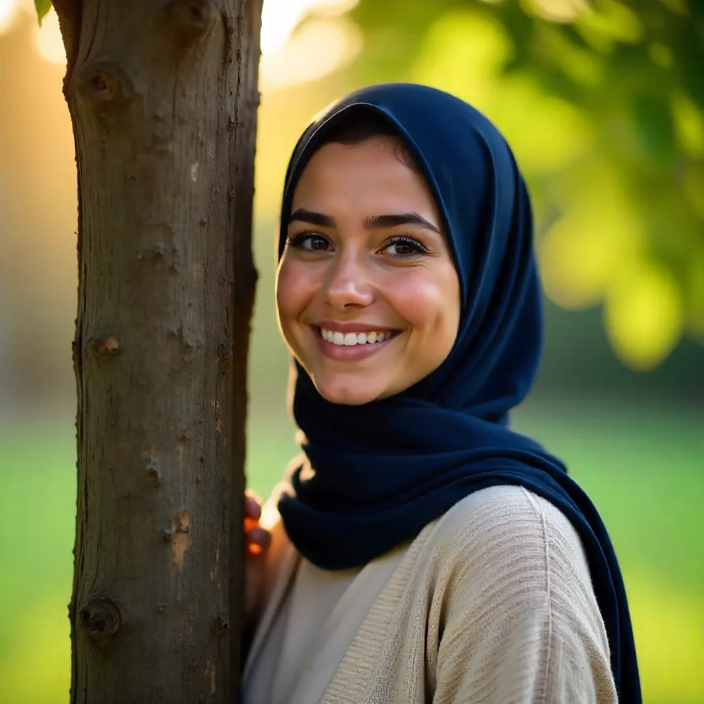 Sunlit Hijab: Warm Smile Behind a Tree
