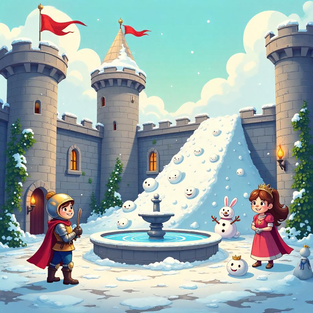 Whimsical Cartoon Avalanche in a Castle Courtyard