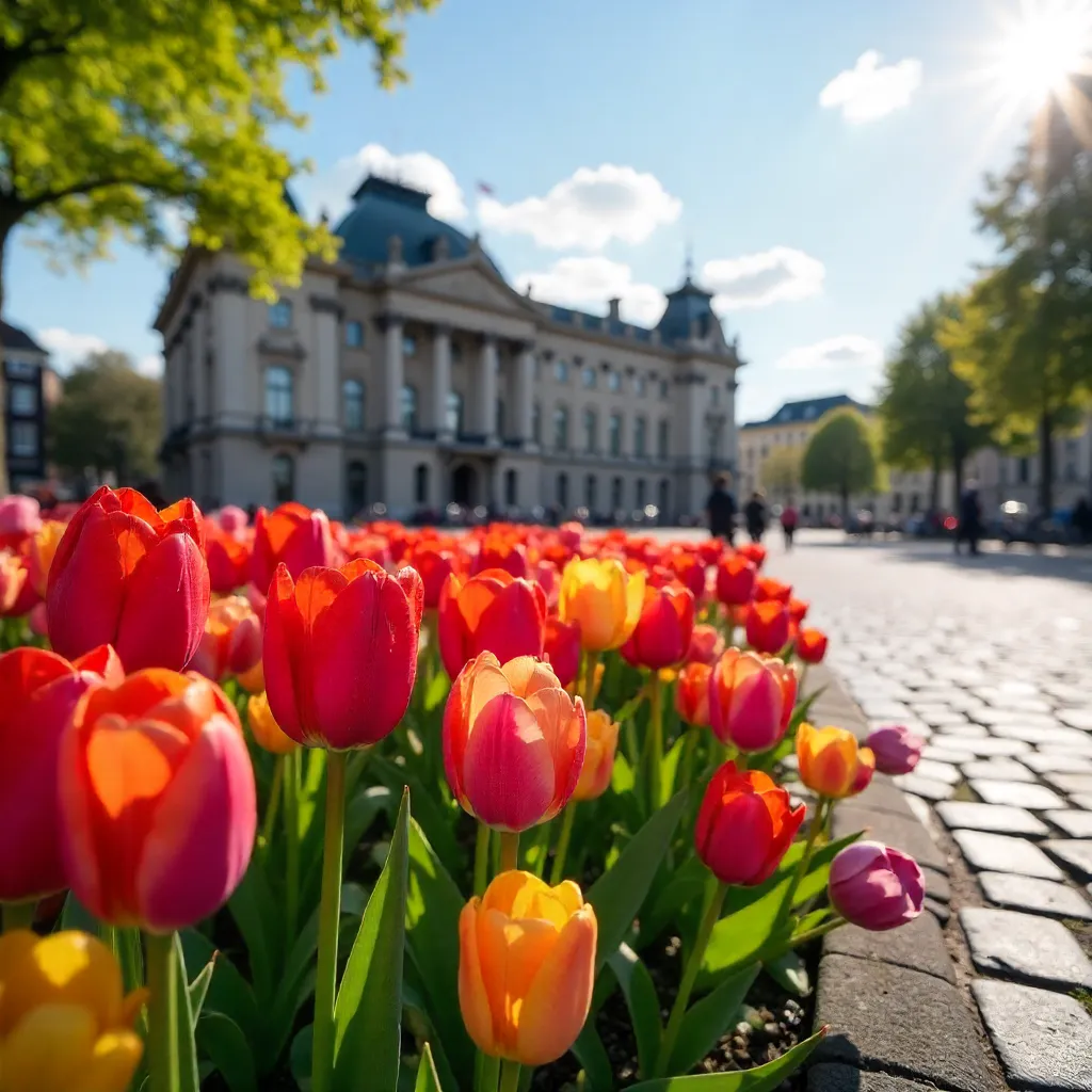 Vibrant Tulips at Amsterdam's Dam Square in Spring