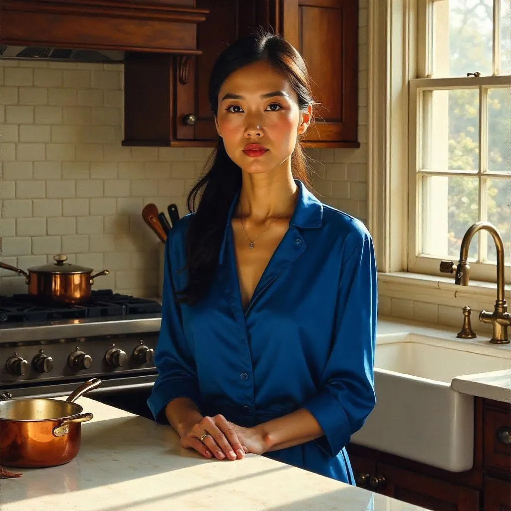 Elegant Asian Woman in a Sunlit Kitchen — Oil Portrait