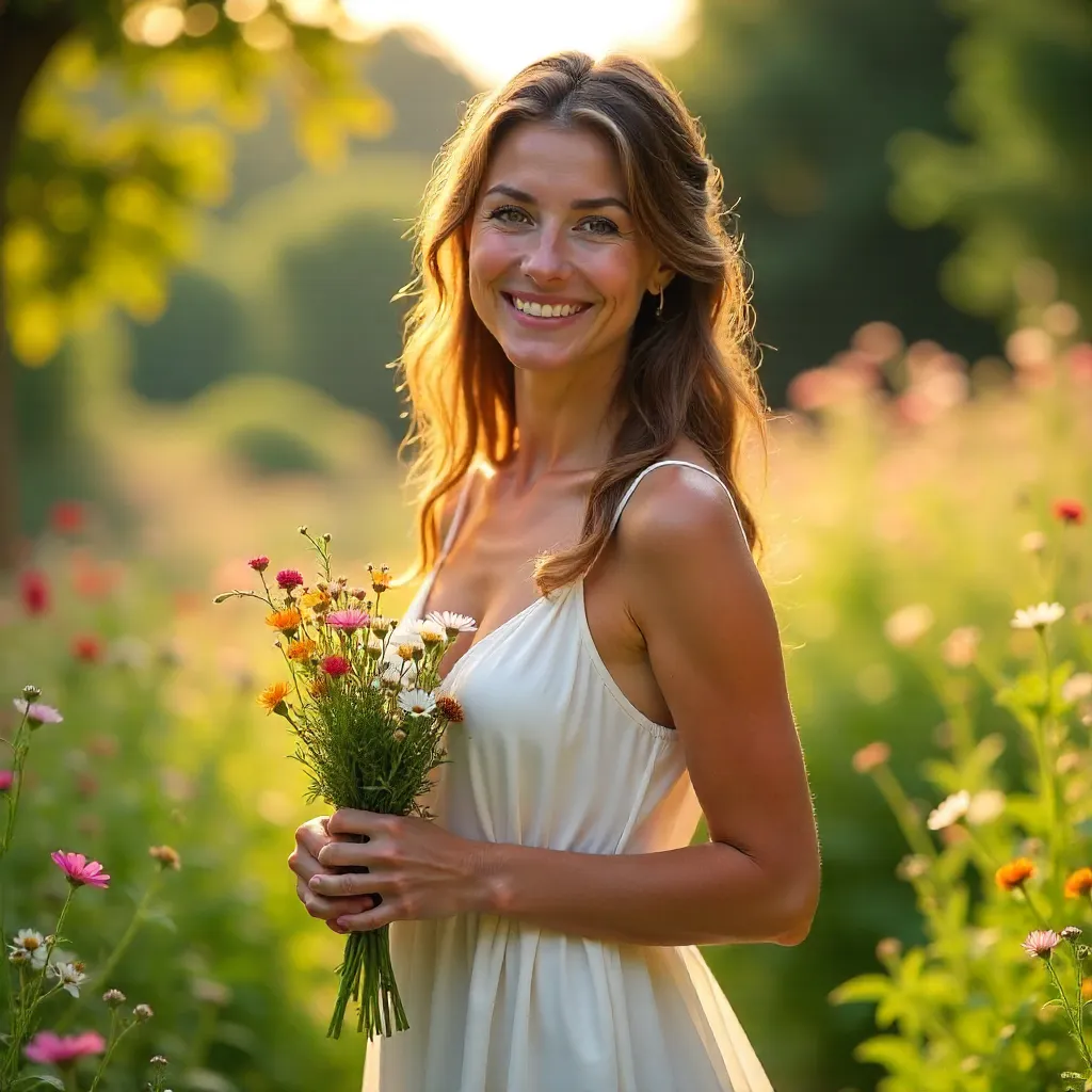 Smiling Woman in White Dress in a Lush Garden