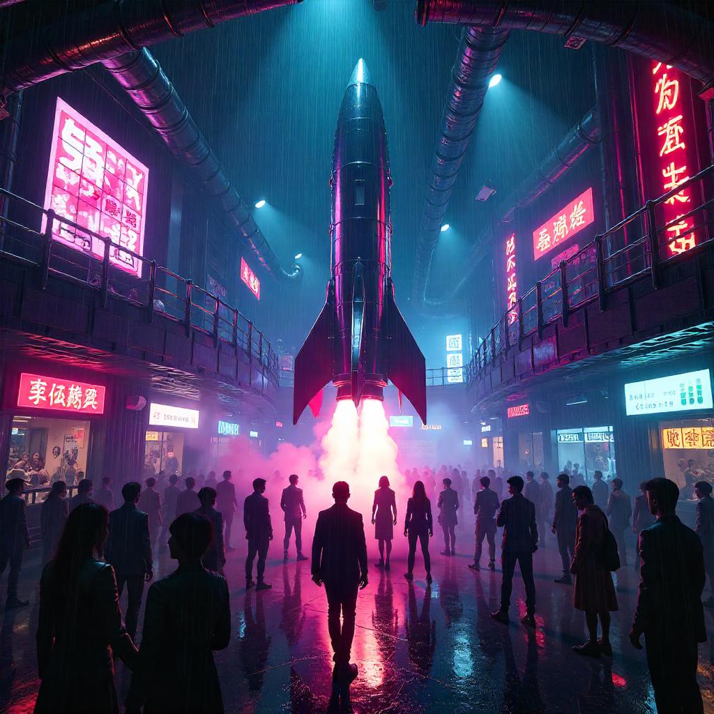 Neon Rocket in a Cyberpunk Nightclub