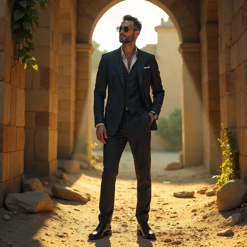 Dramatic Suit in Sunlit Rustic Ruins