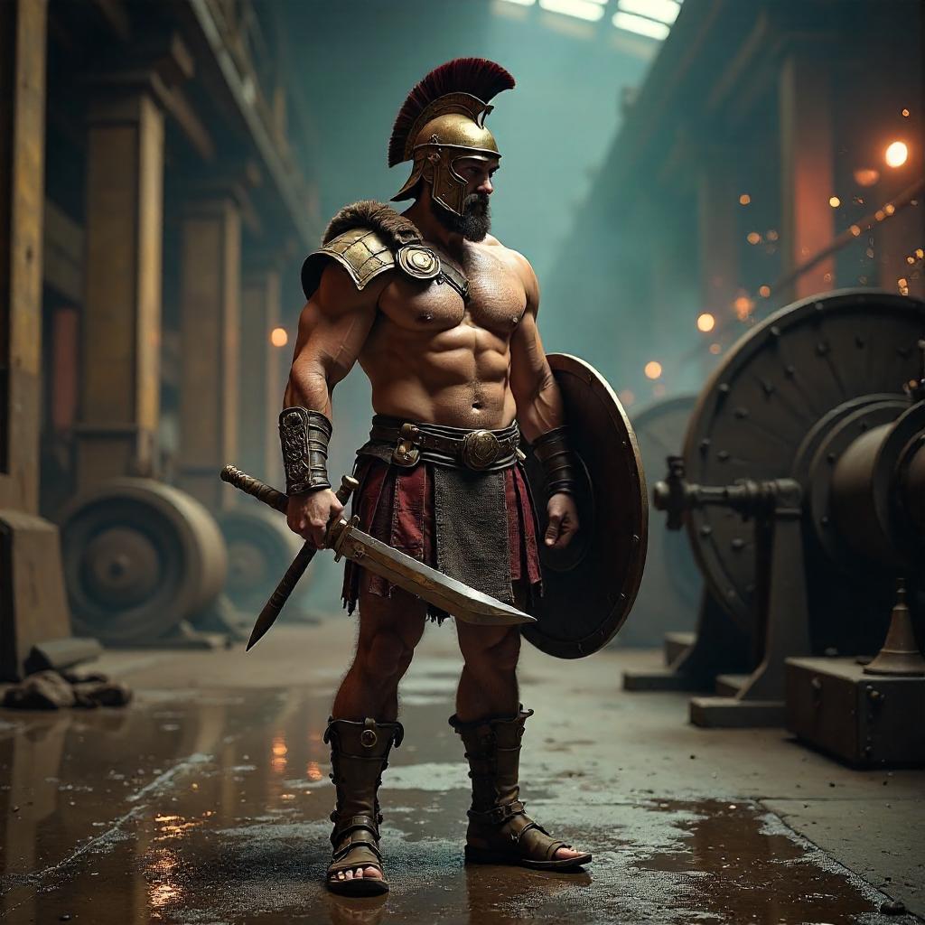 Gladiator in a Gritty Factory — Photoreal Scene