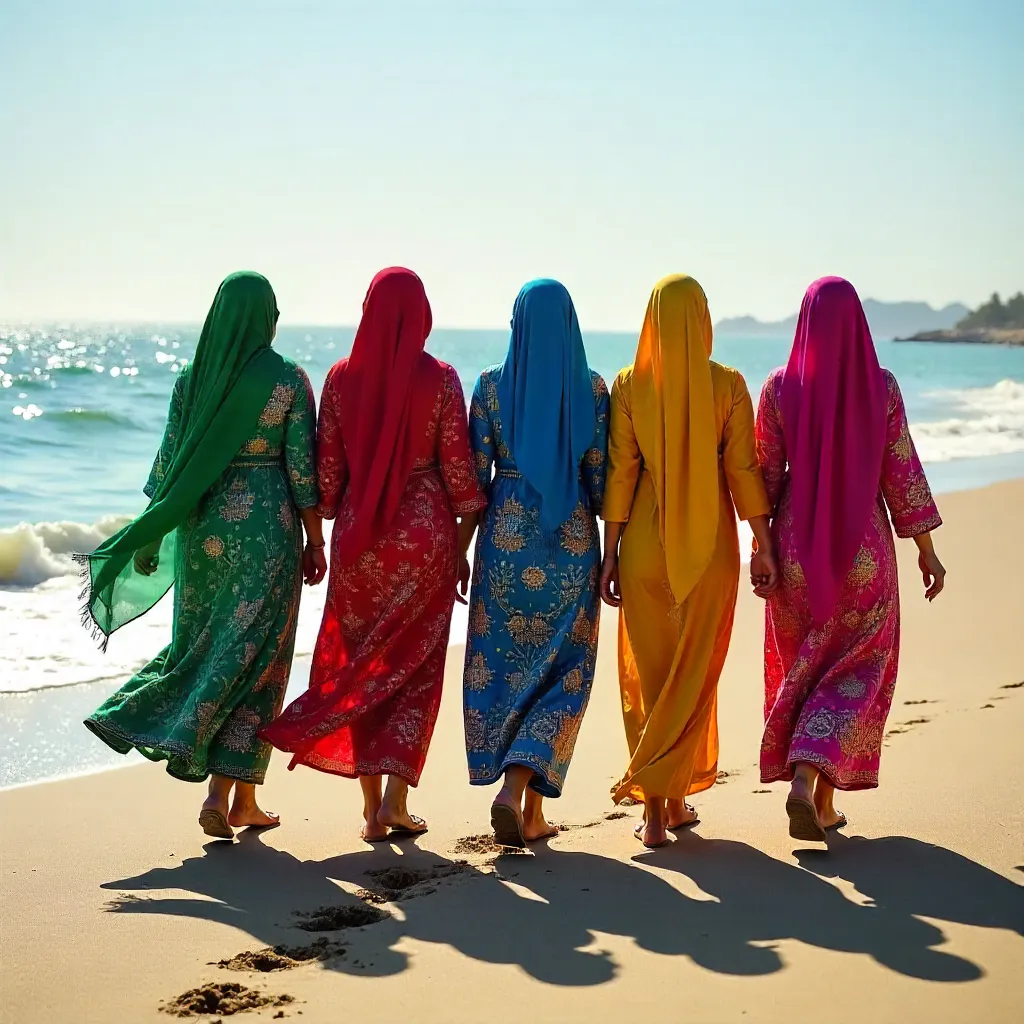Five Women in Traditional Attire on a Beach