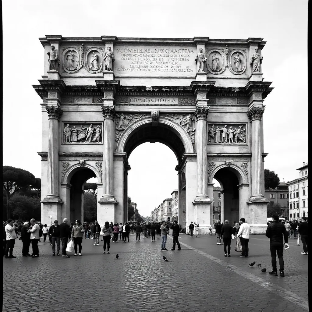 Black and White Arch of Constantine with Tourists