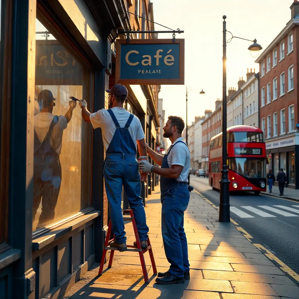 Blue Overalls Painter on Abbey Road Cafe Sign