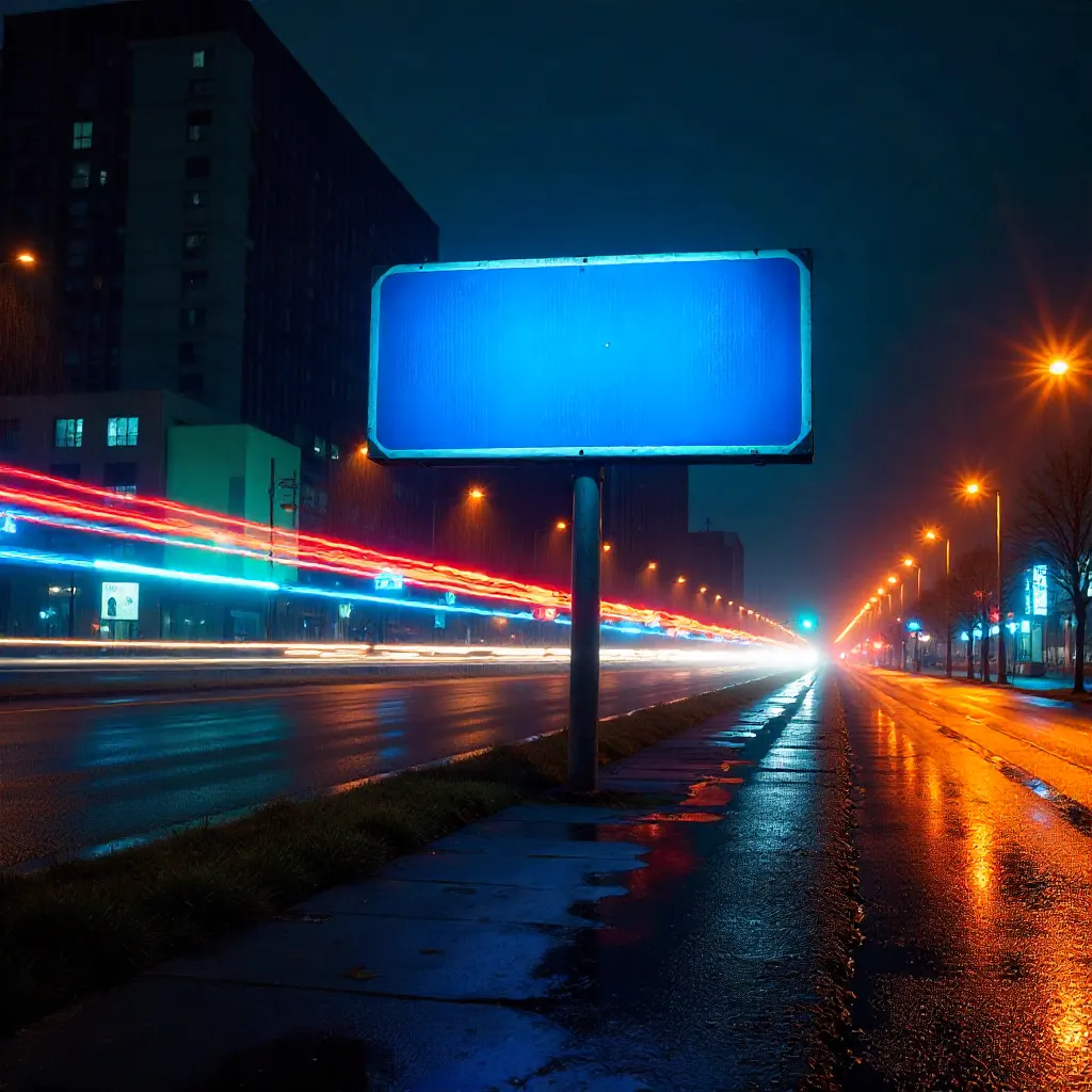 Blue Night Blur: Abstract Road Sign Motion
