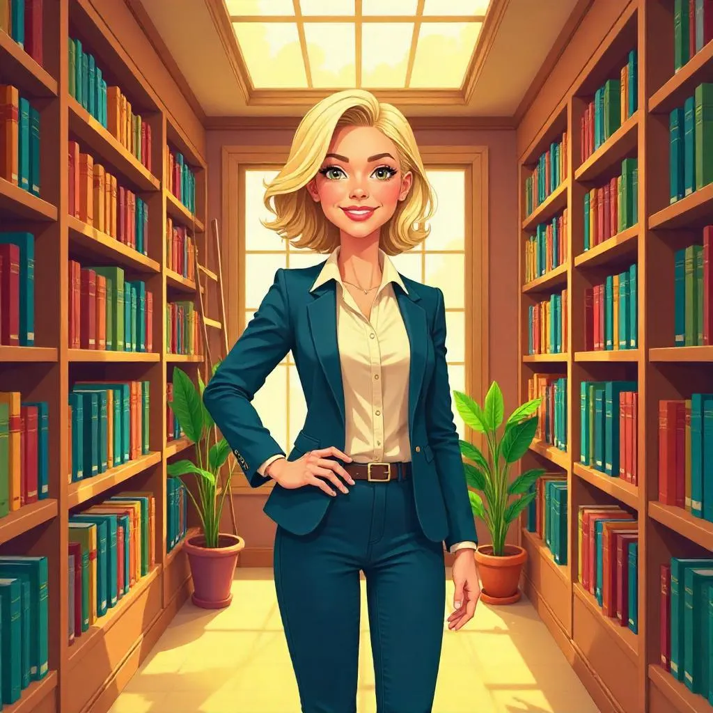 Confident White Woman in a Library - Cartoon Style