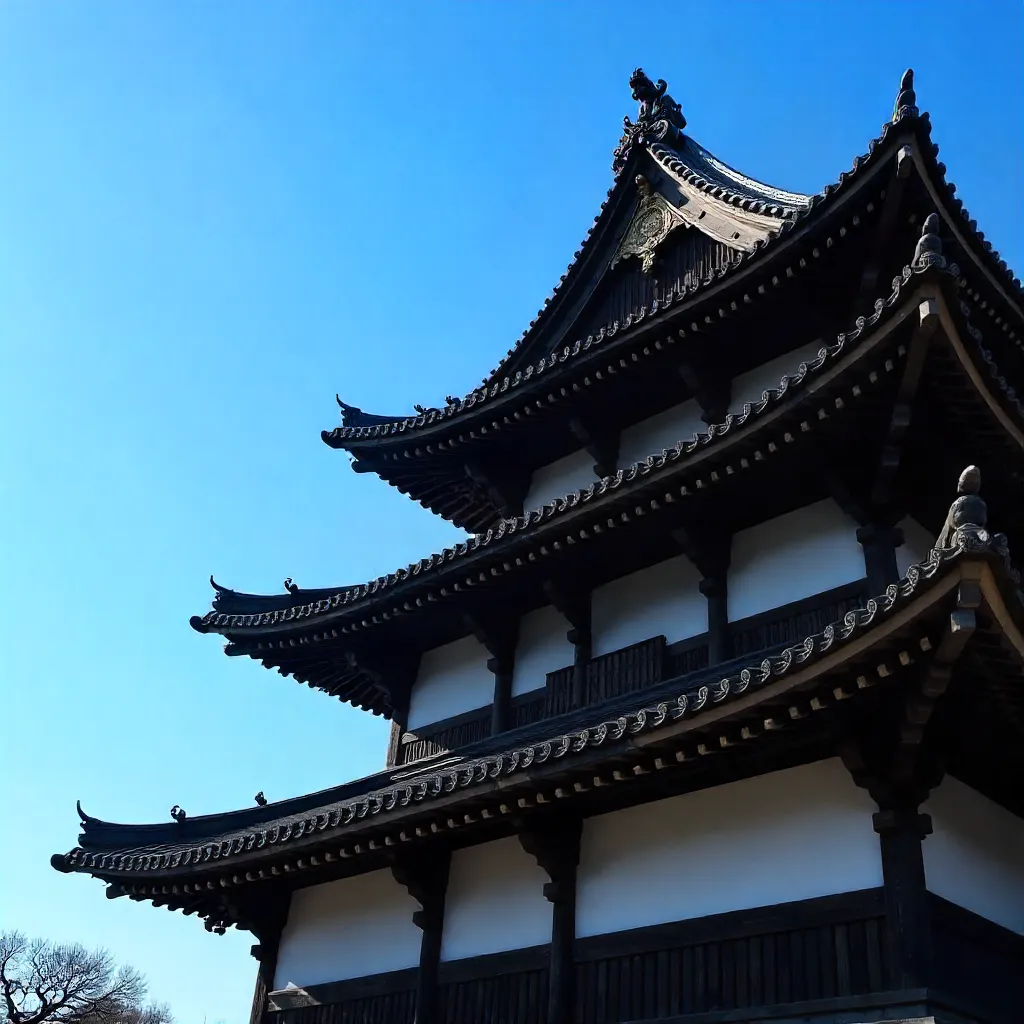 Azure Sky Over a Traditional Japanese Castle Roof
