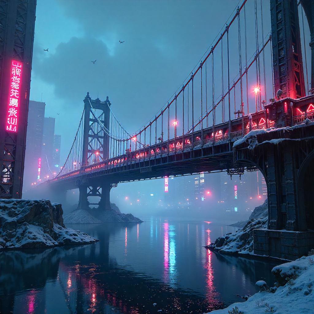 Icy Neon Drawbridge in Cyberpunk City