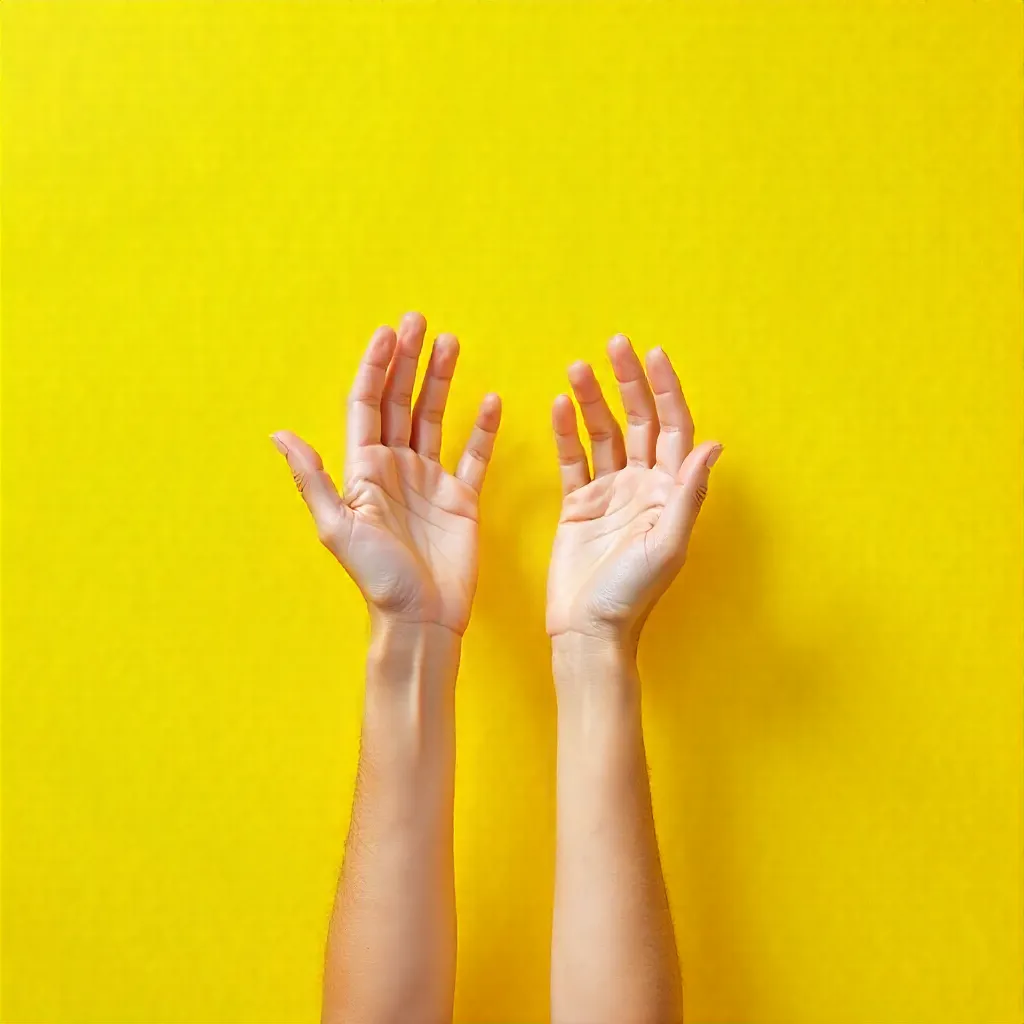 Graceful Hands Reaching Toward a Bright Yellow Wall