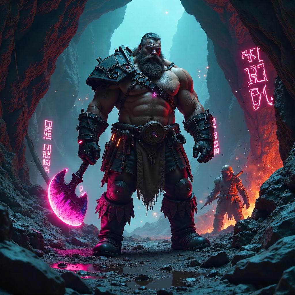 Neon Barbarian in a Dwarven Cyber-Mine