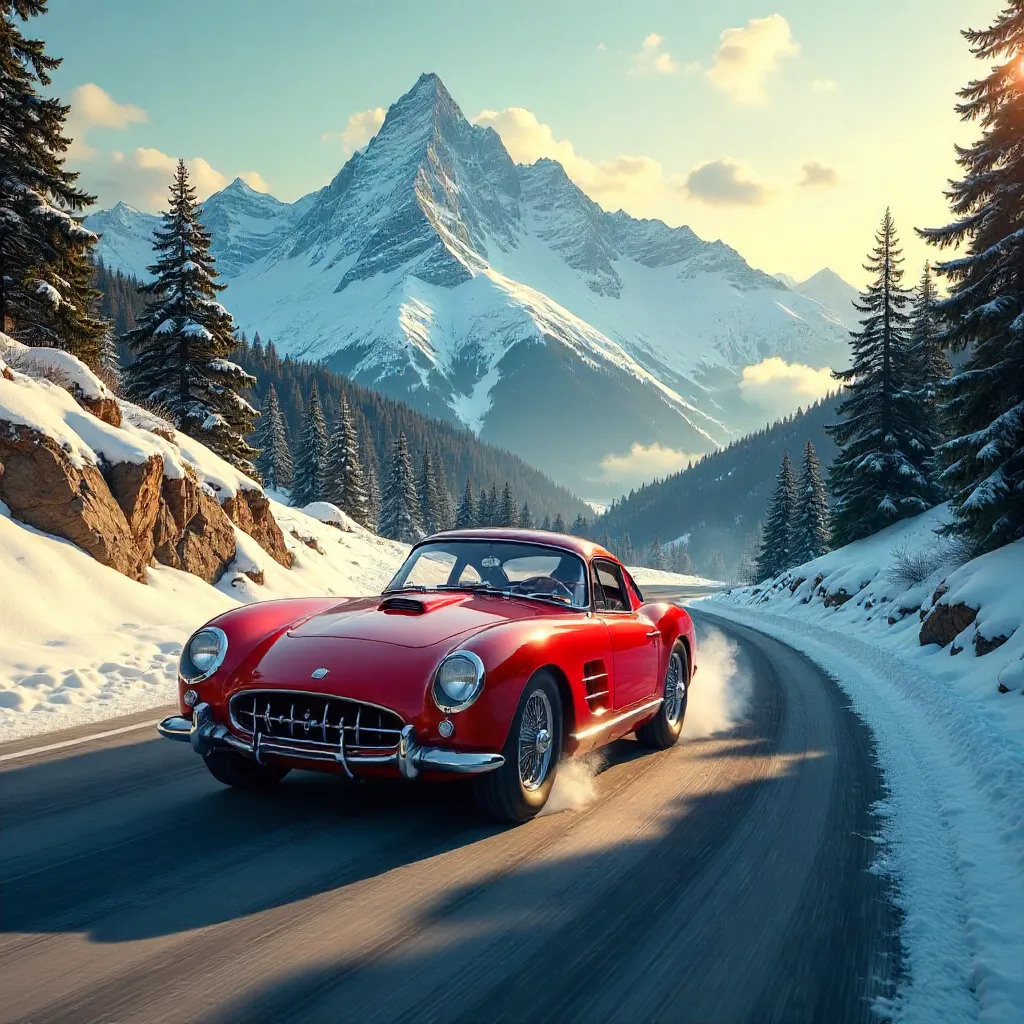 Vintage Sports Car Racing Past Snowy Mountain Peaks