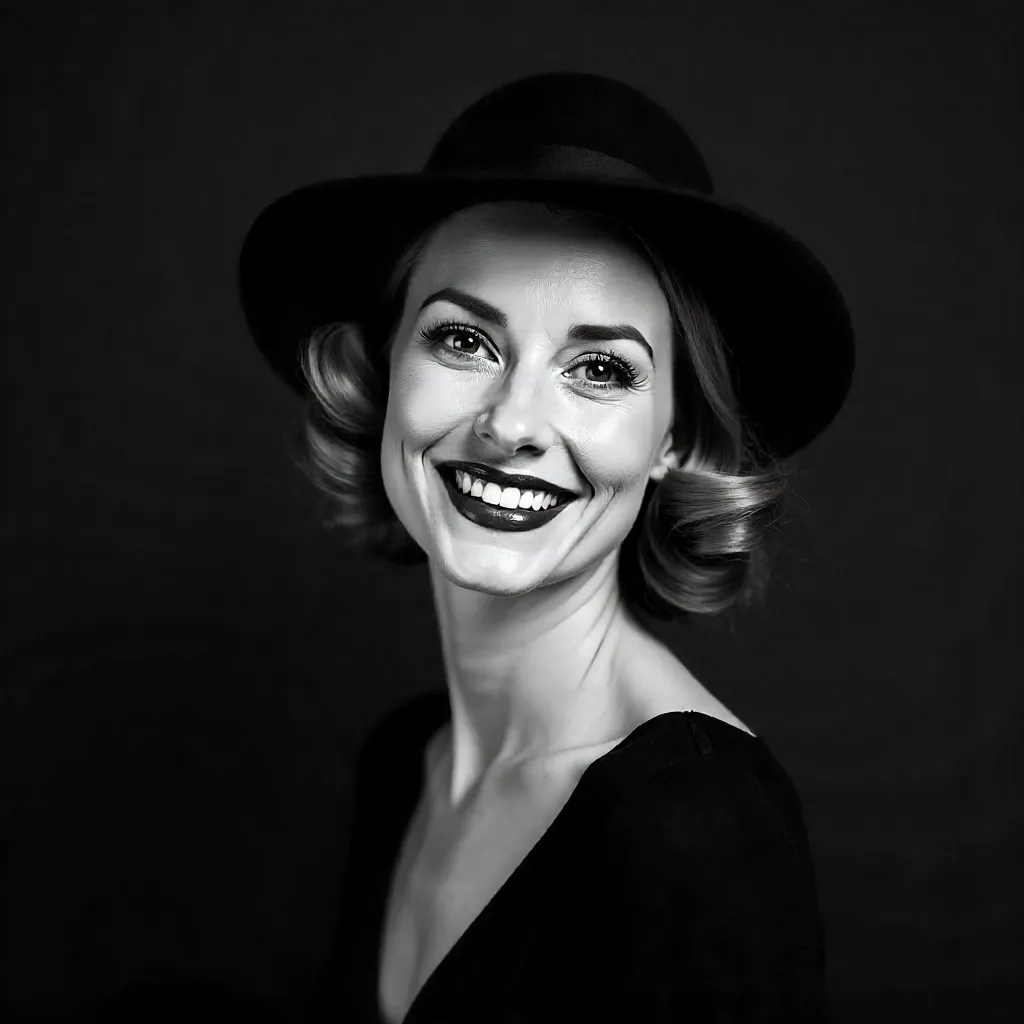 Smiling Woman in Hat: Vintage B&W Portrait